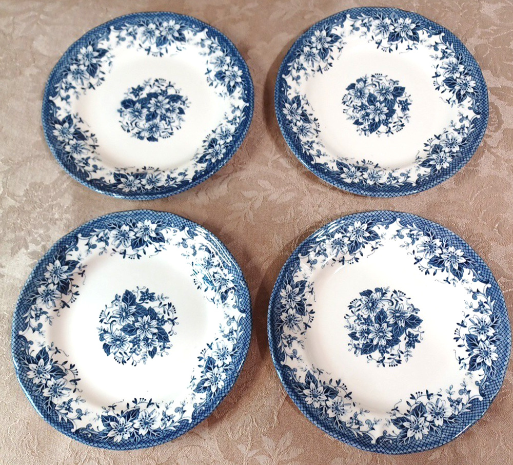 4 Clayton Blue White French English Country Cottage 7 1/2" Plates Scallop Edge